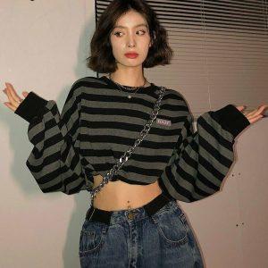 Y2K Grunge Striped Drawstring Women's Sweatshirt - 90s Retro Summer Outfit Essentials