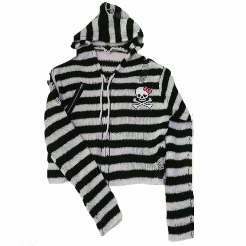 Y2K Grunge Striped Emo Skull Hoodie - Retro 90s Fashion, Gothic Y2K, Summer Y2