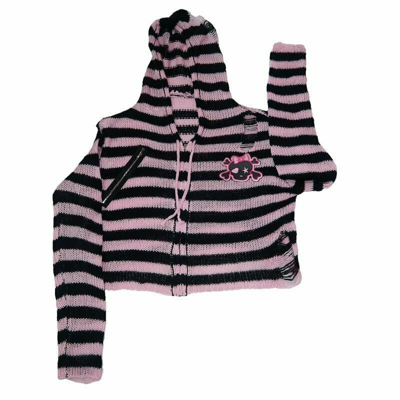 Y2K Grunge Striped Emo Skull Hoodie - Retro 90s Fashion, Gothic Y2K, Summer Y2