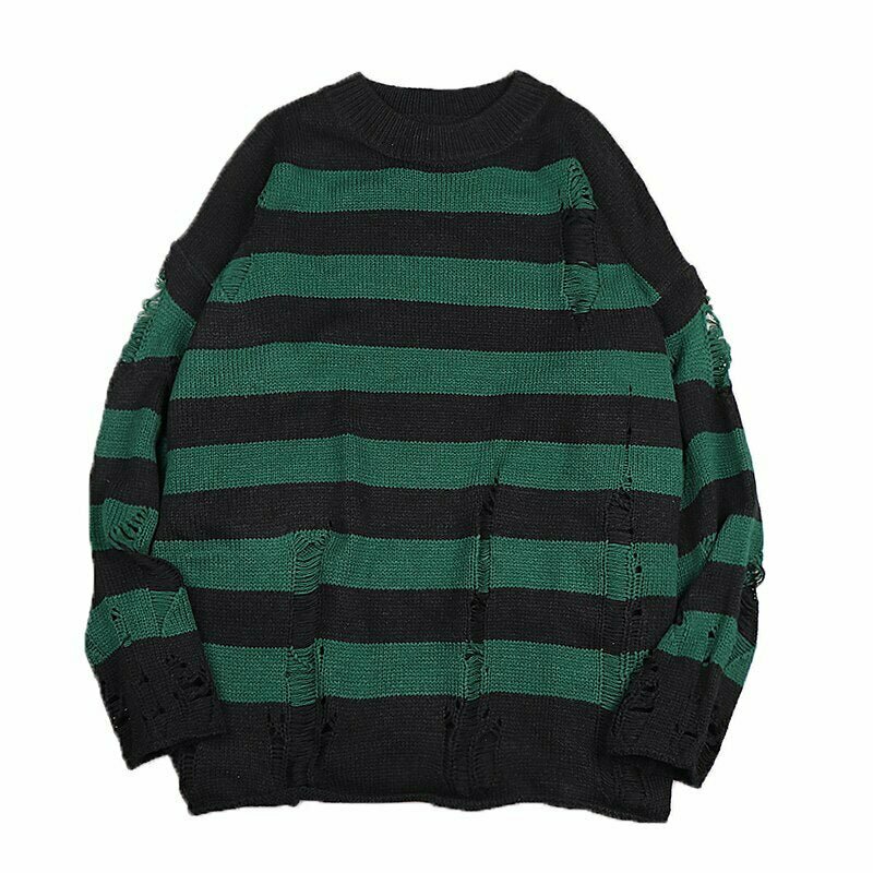 Y2K Grunge Striped Ripped Sweater - 90s Fashion, Retro Style, Y2K Summer Out