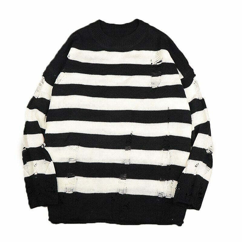 Y2K Grunge Striped Ripped Sweater - 90s Fashion, Retro Style, Y2K Summer Out