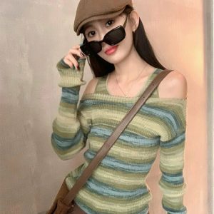 Y2K Grunge Striped Slash Neck Sweater - Retro 90s Fashion, Summer Outfits, and Clubwear