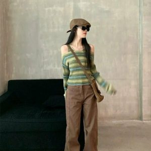 Y2K Grunge Striped Slash Neck Sweater - Retro 90s Fashion, Summer Outfits, and Clubwear