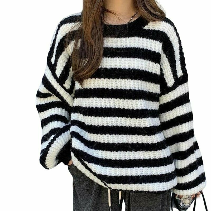 Y2K Grunge Striped Sweater - Retro 90s Fashion, Y2K Summer & Party Outfits