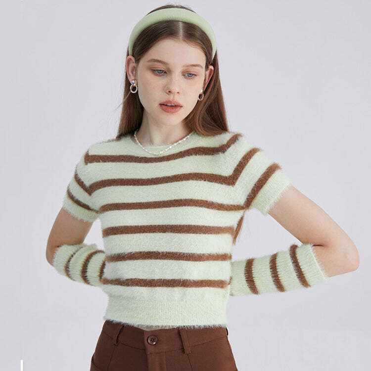 Y2K Grunge Striped Top & Gloves Set - Retro 90s Fashion, Summer Y2K Outfits,