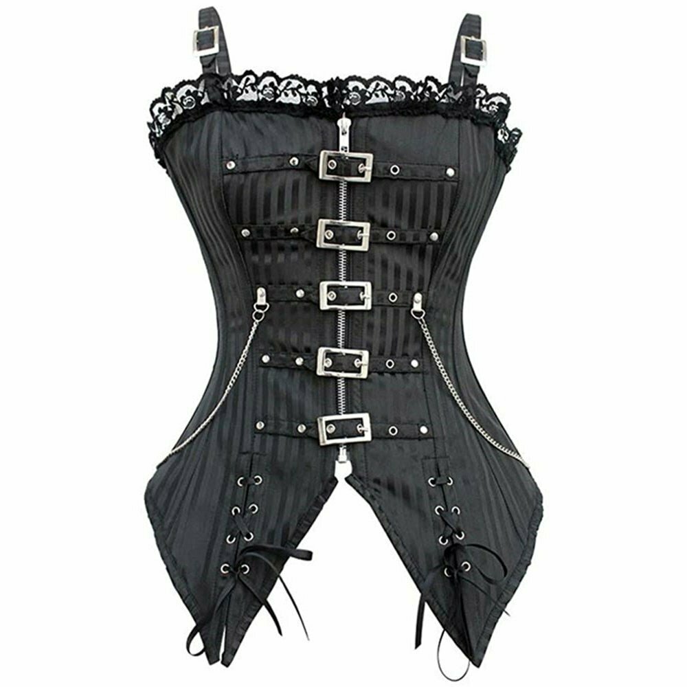 Y2K Grunge Striped Zip Buckled Corset - Retro 90s Summer Outfit, Gothic Y2K Fashion