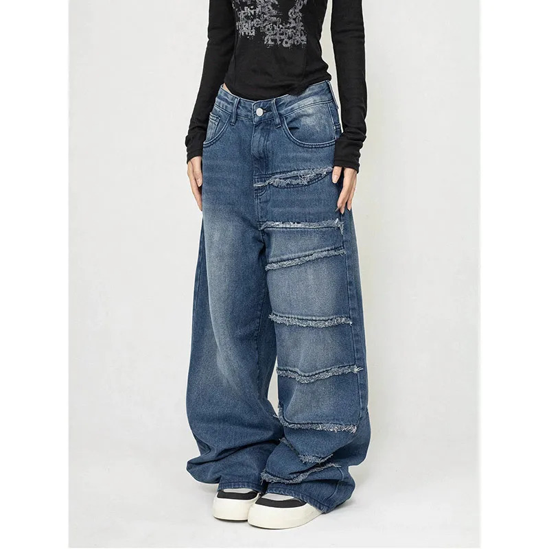 Y2K Grunge Style High Waist Blue Denim Pants - Streetwear Fashion 2024