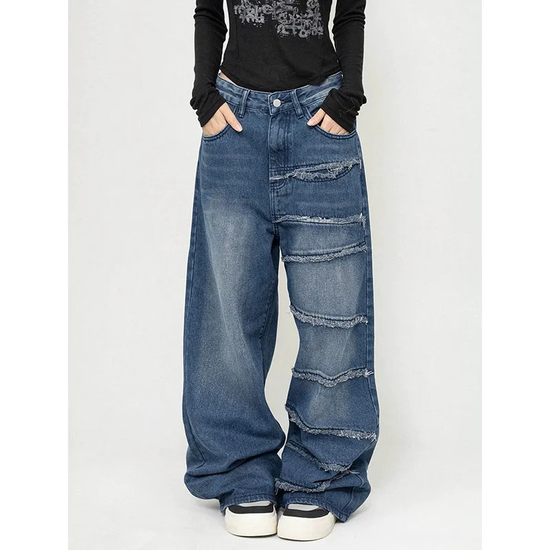 Y2K Grunge Style High Waist Blue Denim Pants - Streetwear Fashion 2024