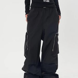 Y2K Grunge Style High Waist Cargo Pants - Vintage Black Straight Trouser for Women