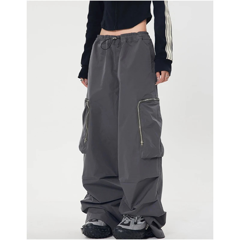 Y2K Grunge Style High Waist Cargo Pants - Vintage Black Straight Trouser for Women