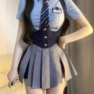 Y2K Grunge Summer Outfit: Retro 90s Fashion College Uniform Set with Skirt and Shirt