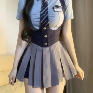 Y2K Grunge Summer Outfit: Retro 90s Fashion College Uniform Set with Skirt and Shirt