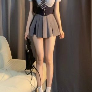 Y2K Grunge Summer Outfit: Retro 90s Fashion College Uniform Set with Skirt and Shirt