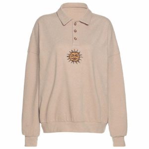 Y2K Grunge Sun Embroidery Button Up Sweatshirt - Retro 90s Summer Outfit, Pastel Goth Style