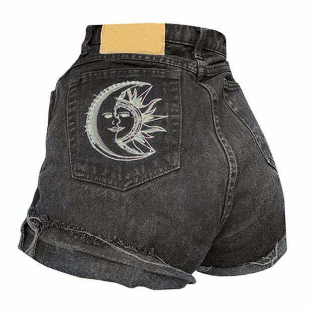 Y2K Grunge Sun & Moon Shorts - Retro 90s Fashion, Summer Y2K Outfits, Gothic Y