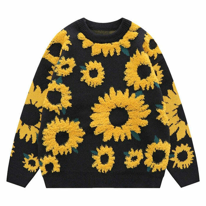 Y2K Grunge Sunflower Oversized Sweater - Retro 90s Fashion, Summer Y2K Outfits