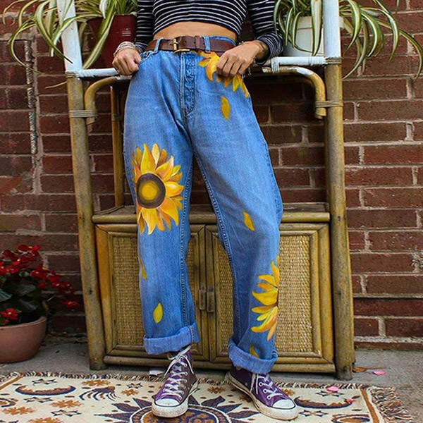 Y2K Grunge Sunflowers Mom Jeans - Retro 90s Fashion, Summer Y2K Outfits, Pastel