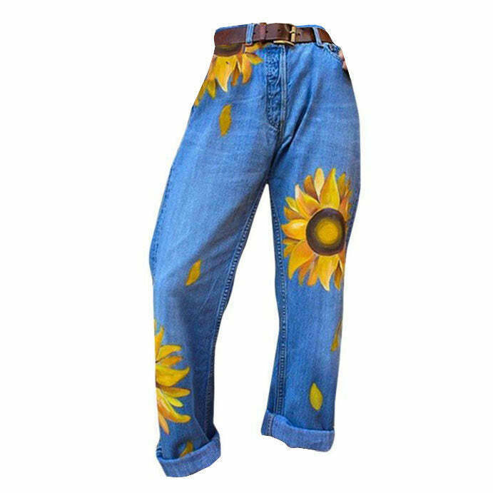 Y2K Grunge Sunflowers Mom Jeans - Retro 90s Fashion, Summer Y2K Outfits, Pastel