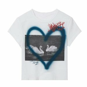 Y2K Grunge Swans Print T-Shirt - Retro 90s Summer Outfit, Pastel Goth, Y2K