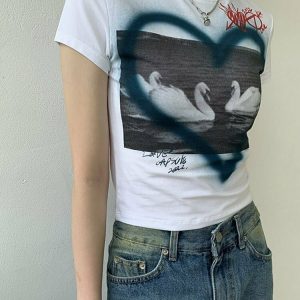 Y2K Grunge Swans Print T-Shirt - Retro 90s Summer Outfit, Pastel Goth, Y2K