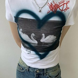 Y2K Grunge Swans Print T-Shirt - Retro 90s Summer Outfit, Pastel Goth, Y2K