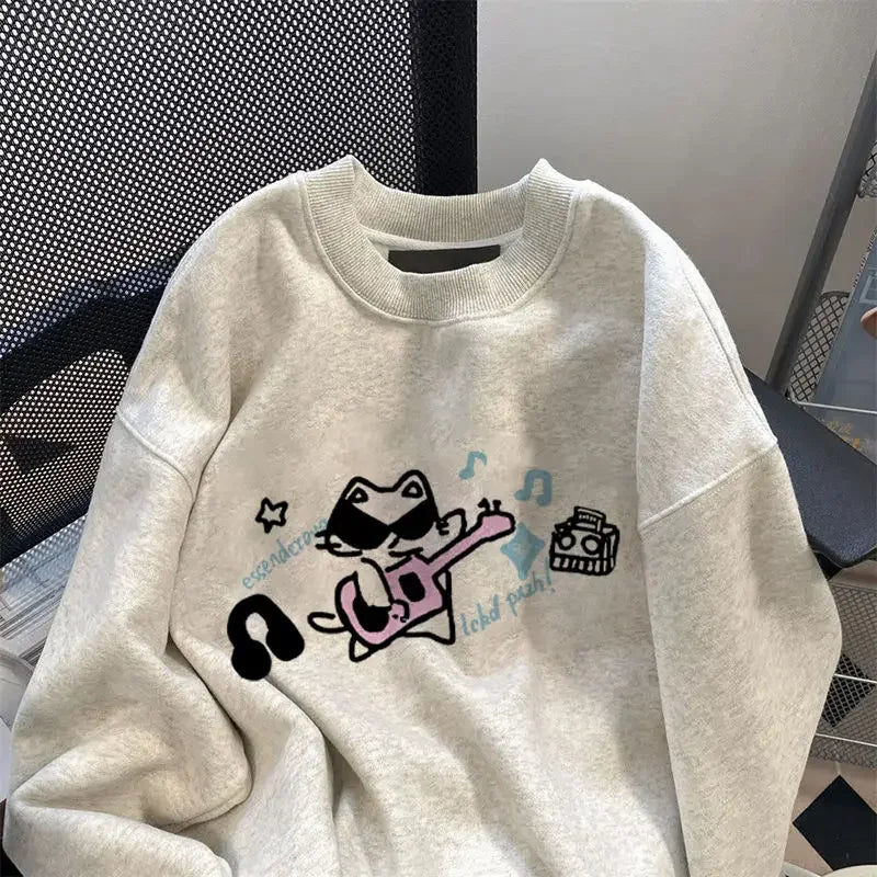 Y2K Grunge Sweet Cat Cartoon College Sweatshirt - Retro 90s Summer Outfit for Women