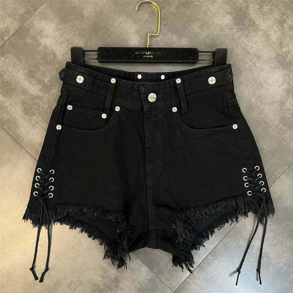 Y2K Grunge Tassel Fringe Denim Shorts - Retro 90s Summer Outfit, Y2K Fashion Essential