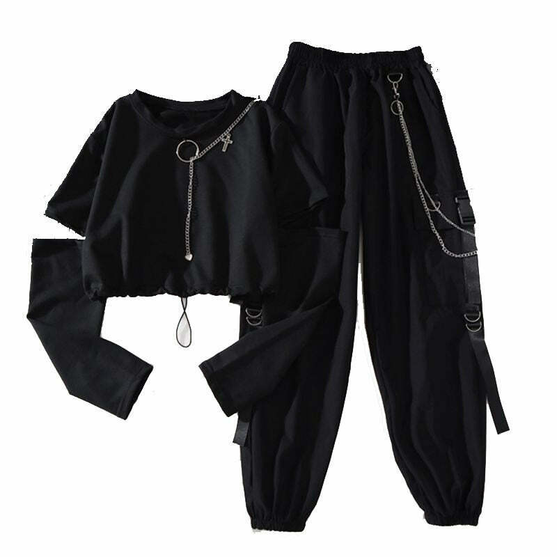 Y2K Grunge Two-Piece Aesthetic Suit Set with Chains - Retro 90s Summer Outfit