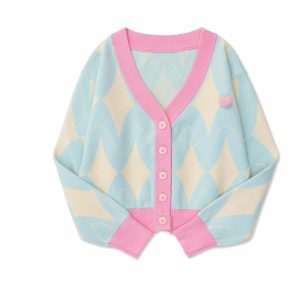 Y2K Grunge V-Neck Cardigan - Retro 90s Summer Outfit, Pastel Goth, Y2K