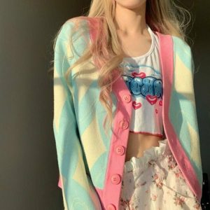 Y2K Grunge V-Neck Cardigan - Retro 90s Summer Outfit, Pastel Goth, Y2K