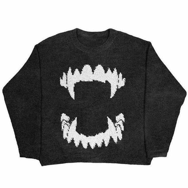 Y2K Grunge Vampire Teeth Oversized Sweater - 90s Retro Goth Fashion, Summer Y2K Outfit