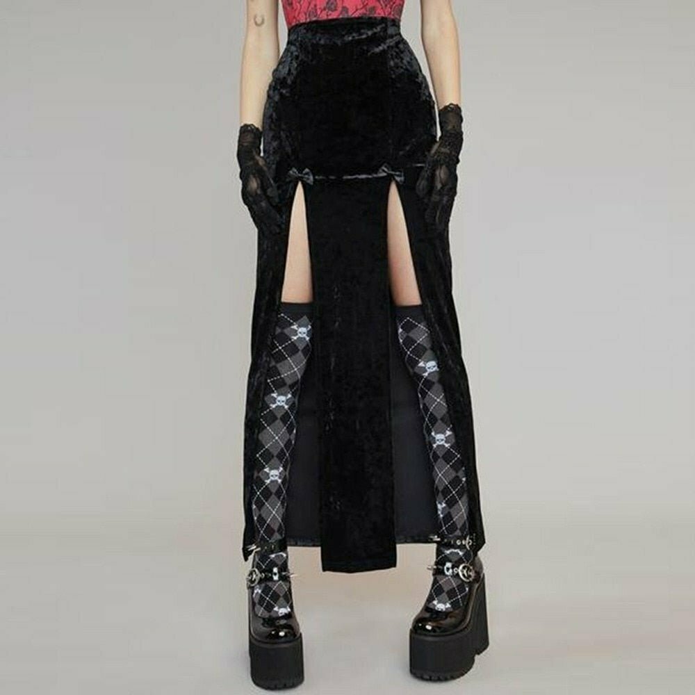 Y2K Grunge Velvet Split Skirt - Retro 90s Fashion, Gothic Y2K, Summer Party Outfit