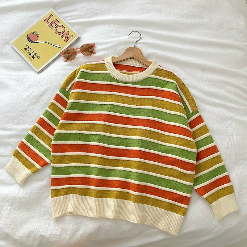 Y2K Grunge Vintage Aesthetic Winter Loose Striped Sweater - 90s Fashion Retro Style