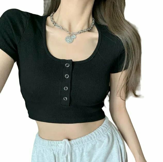 Y2K Grunge Vintage Solid Crop Top T-Shirt - 90s Fashion, Retro Summer, Pastel Goth