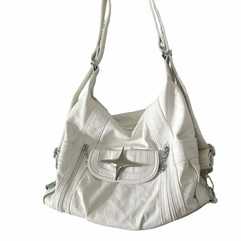 Y2K Grunge White Goth Large Shoulder Bag - Retro 90s Fashion, Y2K Summer, Pastel Goth