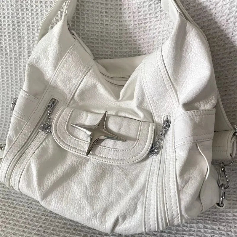 Y2K Grunge White Goth Large Shoulder Bag - Retro 90s Fashion, Y2K Summer, Pastel Goth