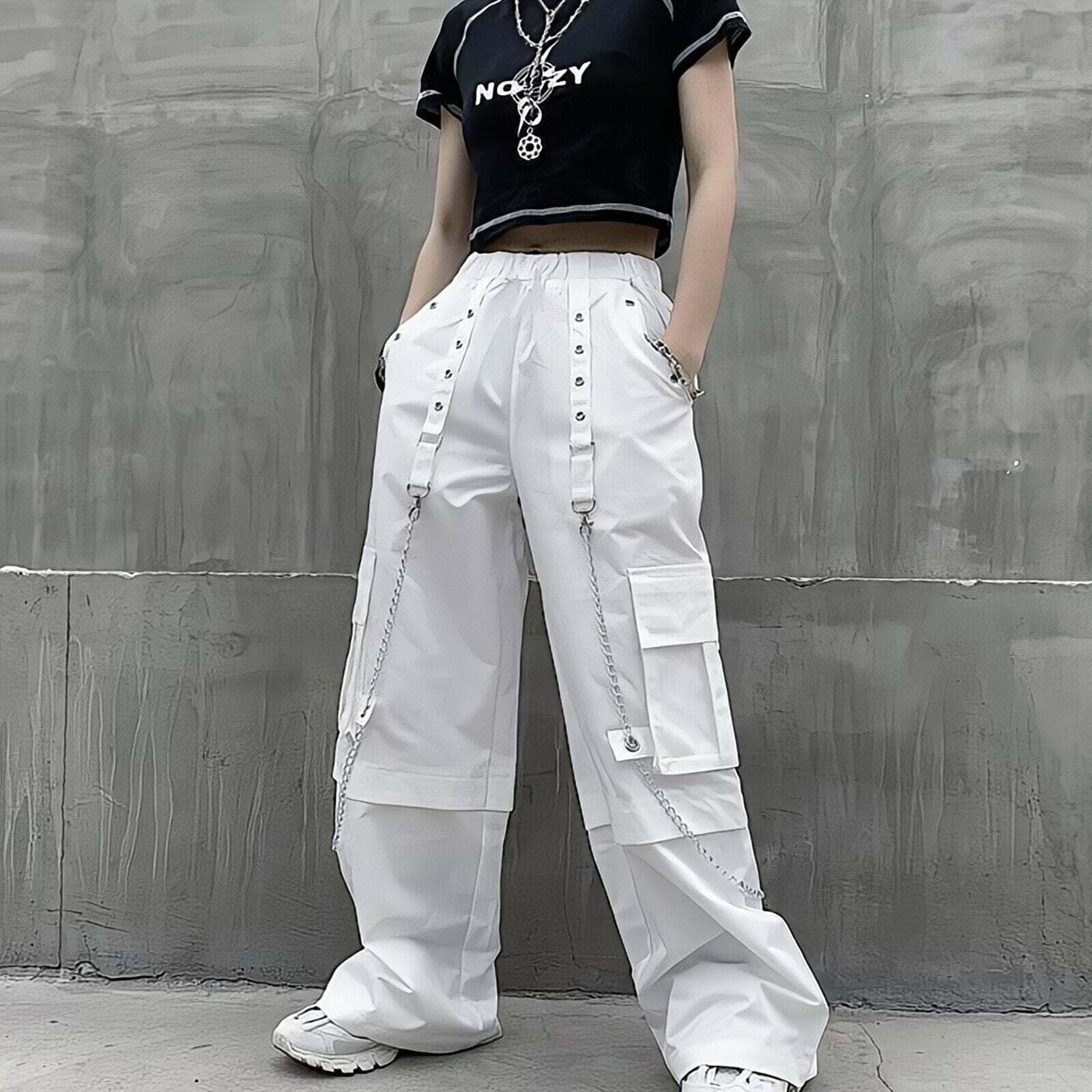 Y2K Grunge White Punk Style Cargo Pants - 90s Fashion, Retro Summer Y2K Outfits