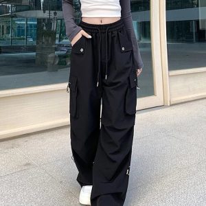 Y2K Grunge Wide Leg Cargo Pants - 90s Retro Summer Outfit, Gothic Y2K Fashion