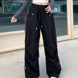 Y2K Grunge Wide Leg Cargo Pants - 90s Retro Summer Outfit, Gothic Y2K Fashion