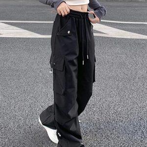 Y2K Grunge Wide Leg Cargo Pants - 90s Retro Summer Outfit, Gothic Y2K Fashion