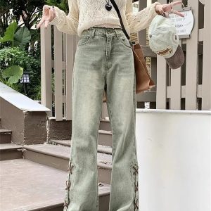 Y2K Grunge Wide Leg Green Jeans - 90s Retro Summer Outfit, Y2K Fashion Essentials