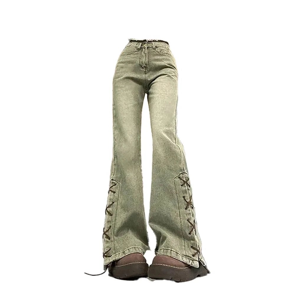 Y2K Grunge Wide Leg Green Jeans - 90s Retro Summer Outfit, Y2K Fashion Essentials