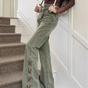 Y2K Grunge Wide Leg Green Jeans - 90s Retro Summer Outfit, Y2K Fashion Essentials