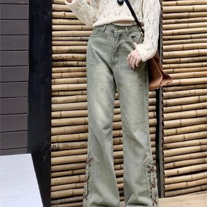 Y2K Grunge Wide Leg Green Jeans - 90s Retro Summer Outfit, Y2K Fashion Essentials