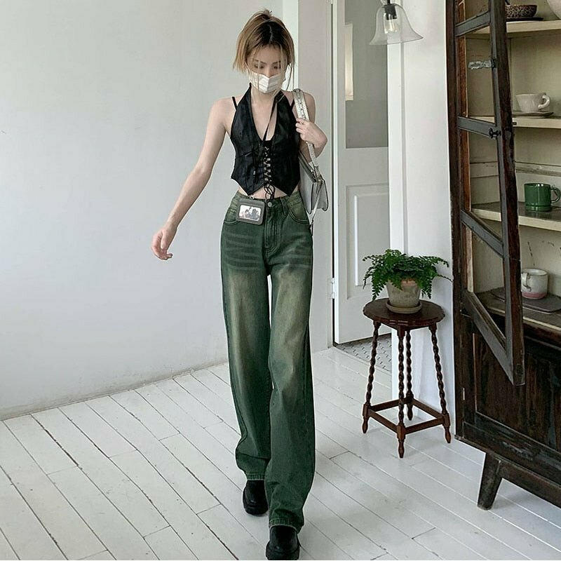 Y2K Grunge Wide Leg Green Jeans - Retro 90s Fashion, Summer Y2K Outfits, Hip Hop