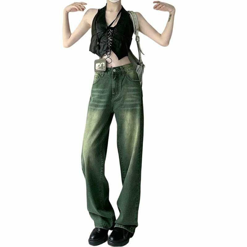 Y2K Grunge Wide Leg Green Jeans - Retro 90s Fashion, Summer Y2K Outfits, Hip Hop