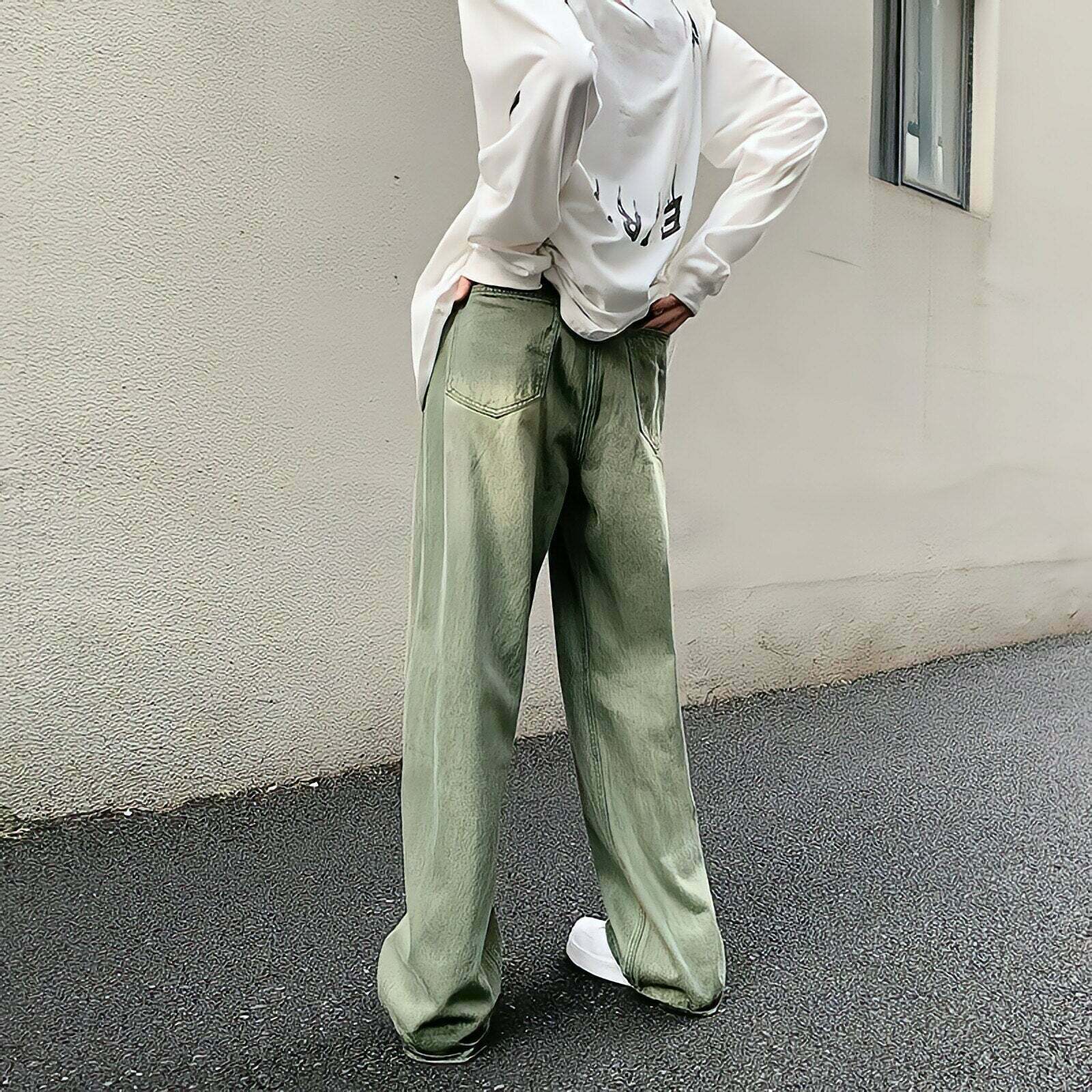 Y2K Grunge Wide Leg Light Green Jeans - Retro 90s Fashion, Summer Y2K Outfits