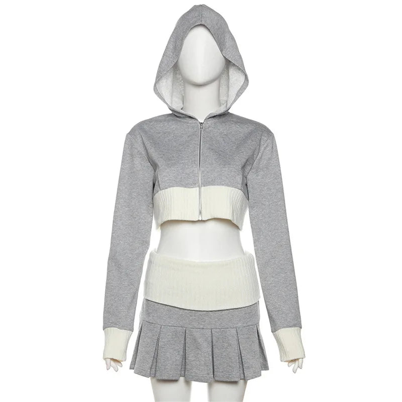 Y2K Grunge Zip Hoodie Skirt Set - Retro 90s Summer Outfit, Pastel Goth, Y2K