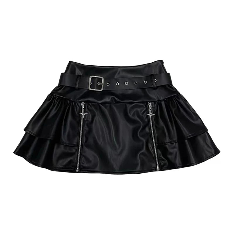 Y2K Grunge Zipped Leather Mini Skirt - Retro 90s Fashion, Summer Y2K Outfits,