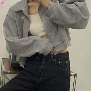 Y2K Grunge Zipper Casual Cropped Jackets - Retro 90s Summer Outfits, Pastel Goth Style